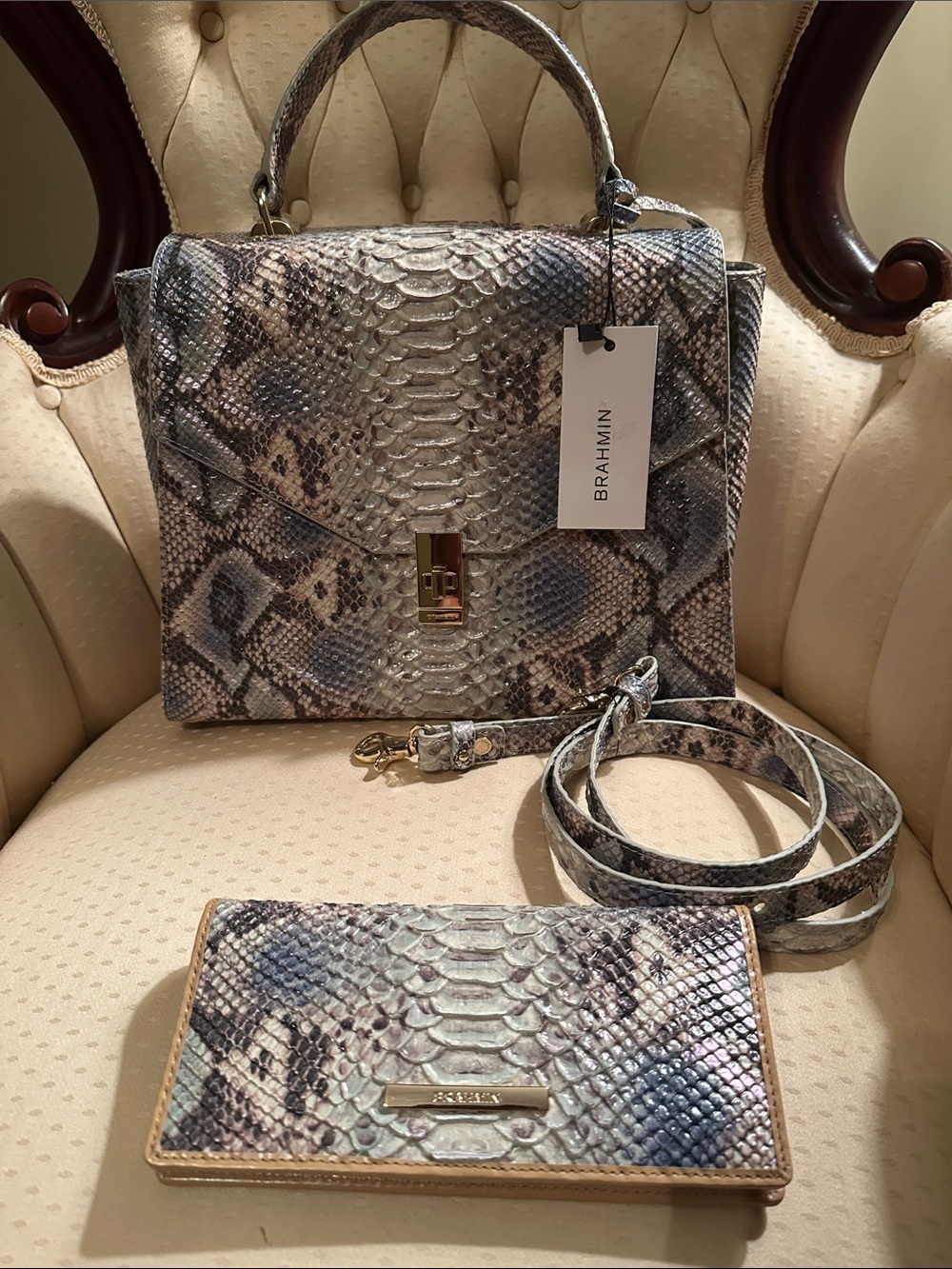 Brahmin Neutral Snake-Print Satchel with Matching Wallet